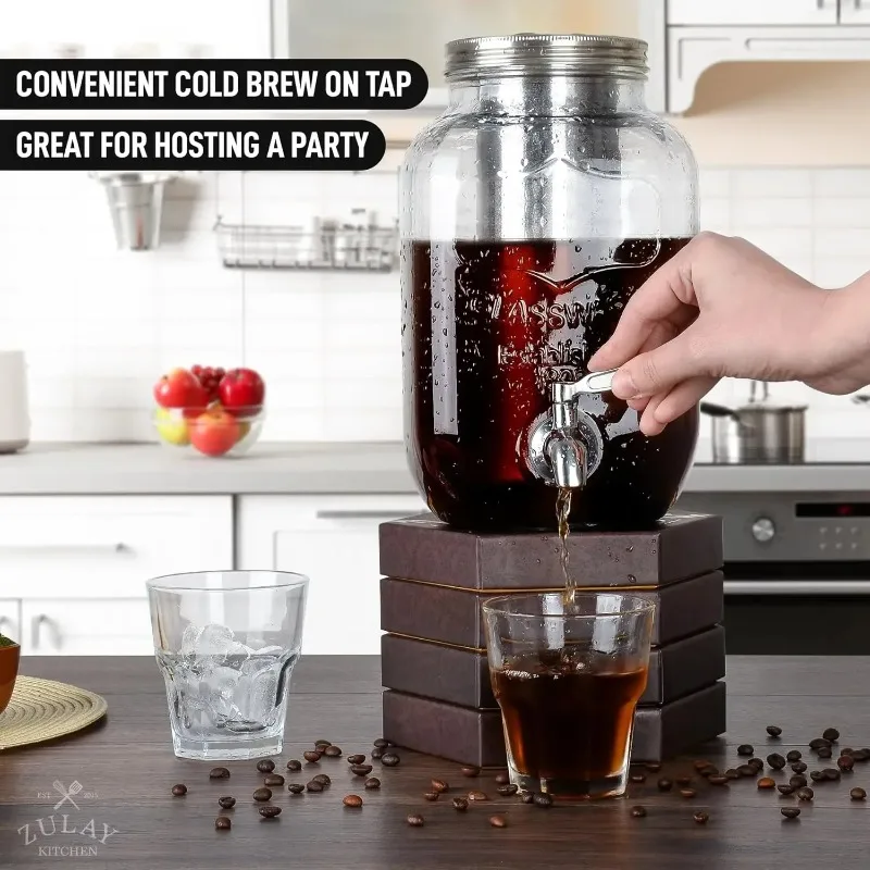 3/4/5L Gallon Cold Brew Coffee Maker - Large Iced Tea & Cold Brew Pitcher with Extra-Thick Glass & Stainless Steel Infuser