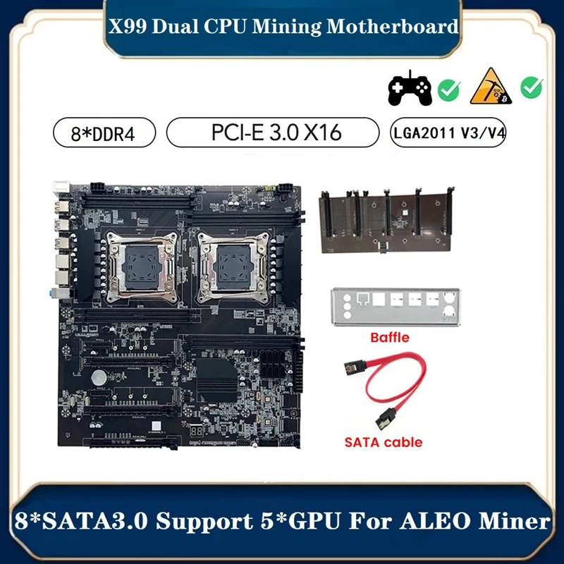 X99 Dual CPU ALEO Mining Motherboard +SATA Cable+Baffle LGA2011 V3/V4 8XDDR4 Slot PCIE 16X 8XSATA3.0 Supports 5 GPU Miner