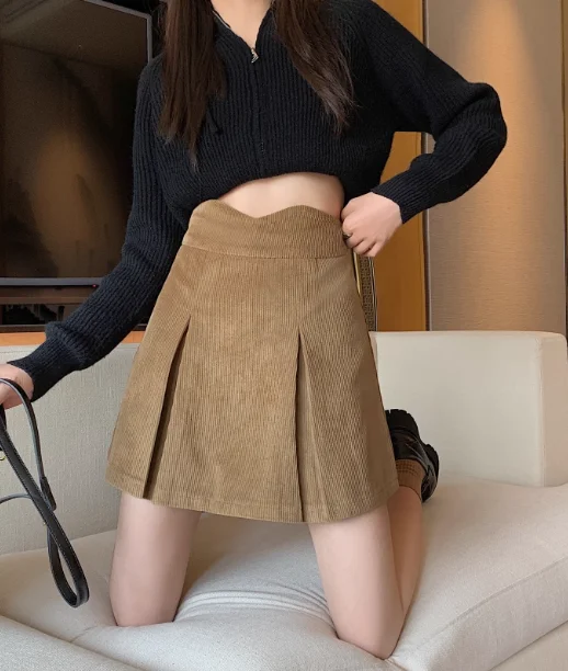 Große Größe Herbst Winter Neue Vielseitige Alter-reduzierung Süße Röcke Frauen Cord Hohe Taille A-linie Einfarbig Mode Röcke