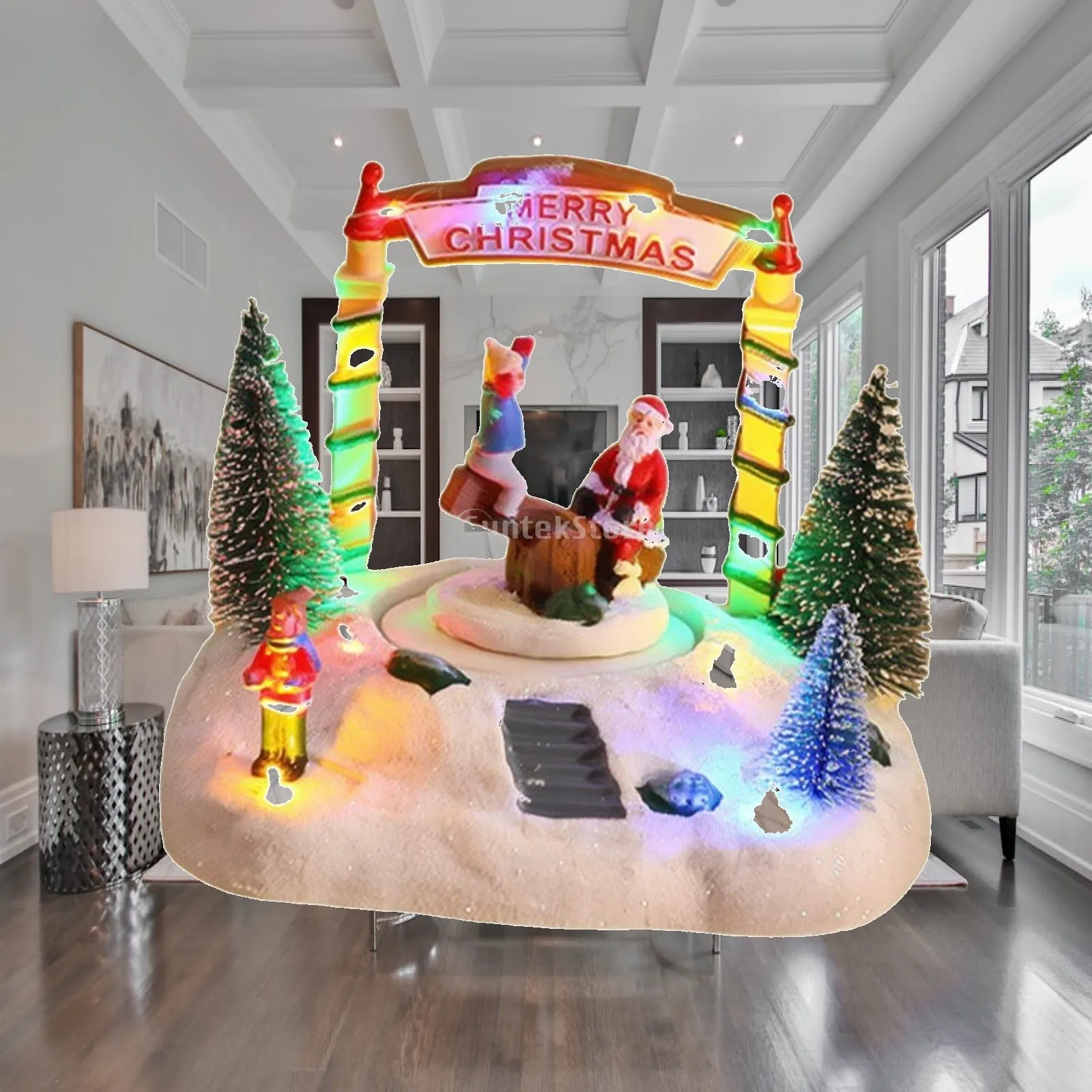 Christmas Figurine with Melody Player Resin Lighted Christmas Village Figurine Musical Tabletop Decoration Illuminated