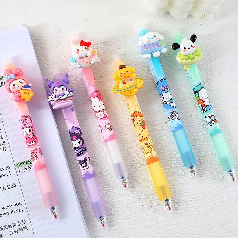 Sanrio Cute Cartoon 0.5mm Gel Pen 6pcs Kuromi Hello Kitty Erasable Push Type Students Practice Writing Pens To Learn Stationery