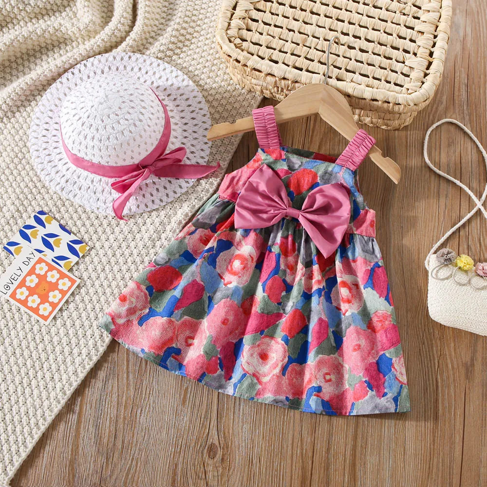 

0-2 Years Baby Girl Cotton Dress Bow Sweet Flower Print Suspender Dress Girl Summer Party Costume Send Hat