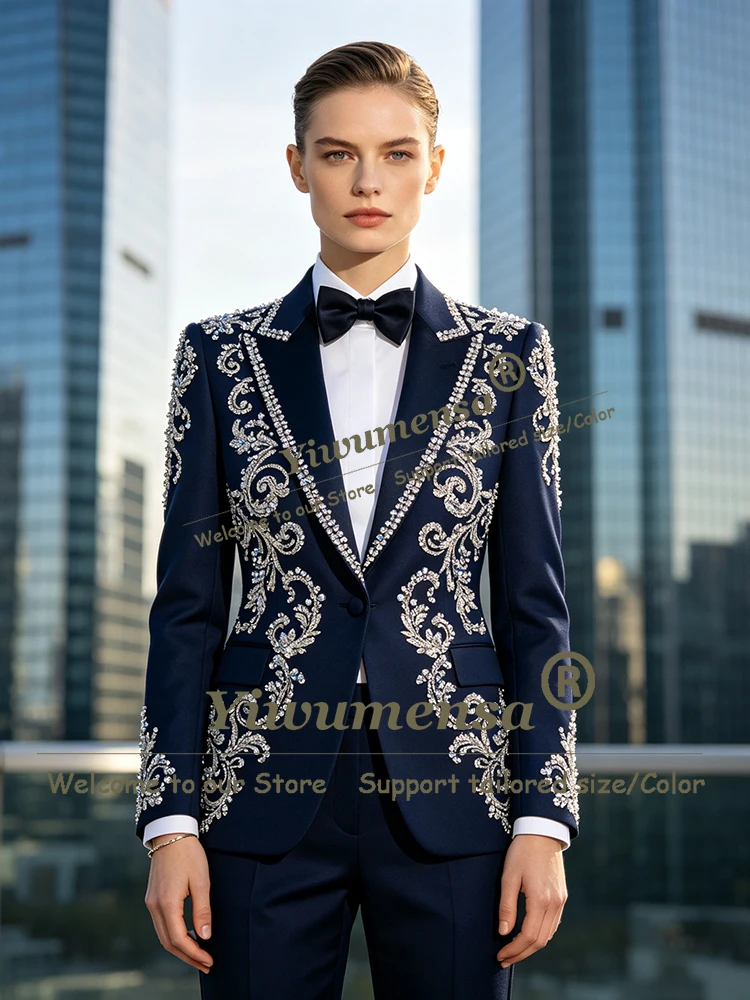 Sparkly Diamond Beading Women Suit Single Breasted Jacket Pants 2 Piece Sets Bride Mother Dress Customized Lady Business Tuxedo