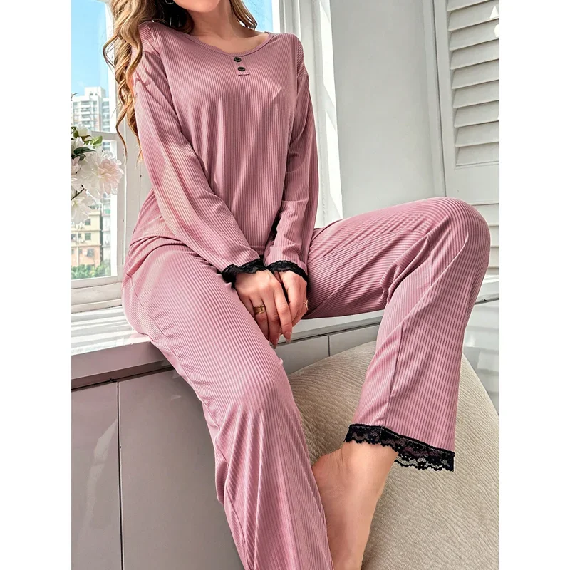 New Autumn Winter Pajamas for Women Long Sleeves Long Pants Pink Pijamas Milk Silk Pajama Woman Sleepwear Leisure Nightwear