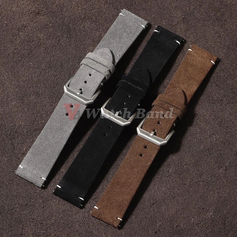 Genuine Suede Leather Watch Strap Business Vintage Brown Watchbands 20mm 22mm Quick Release Band Grey Blue Wristband Accessories