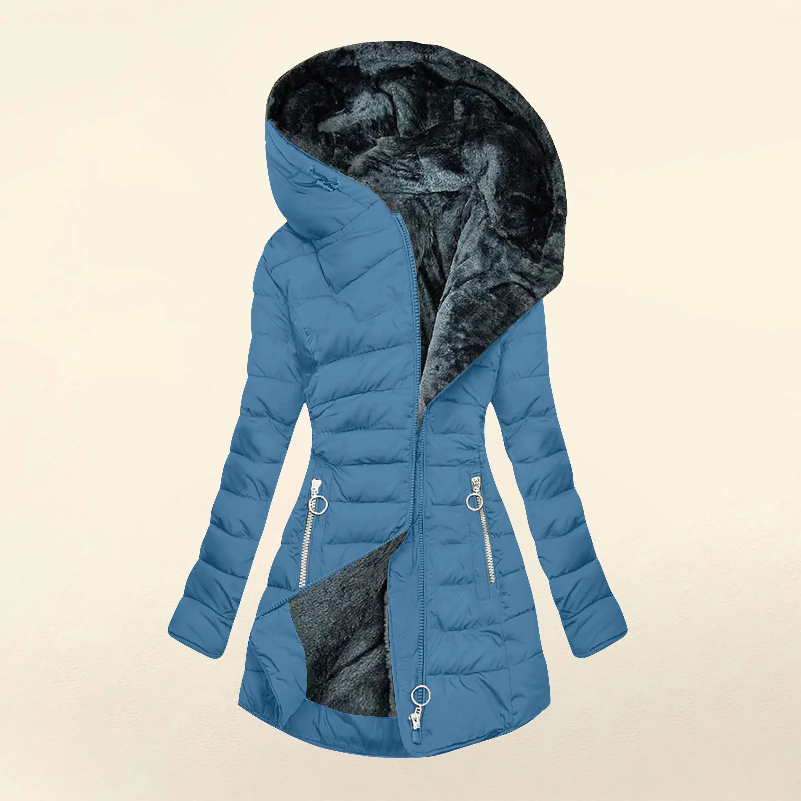 2026 New Plush Hooded Medium Long Style Diagonal Zipper Thick Cotton Padded Coat Women Warm Outerwear Multi Colors Available