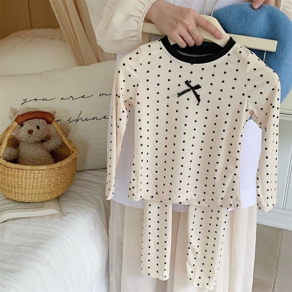 Children Sets Autumn Winter New Korean Wave Point Circular Dots Simple 2024 Fashion Round Collar Elastic Waist Simple