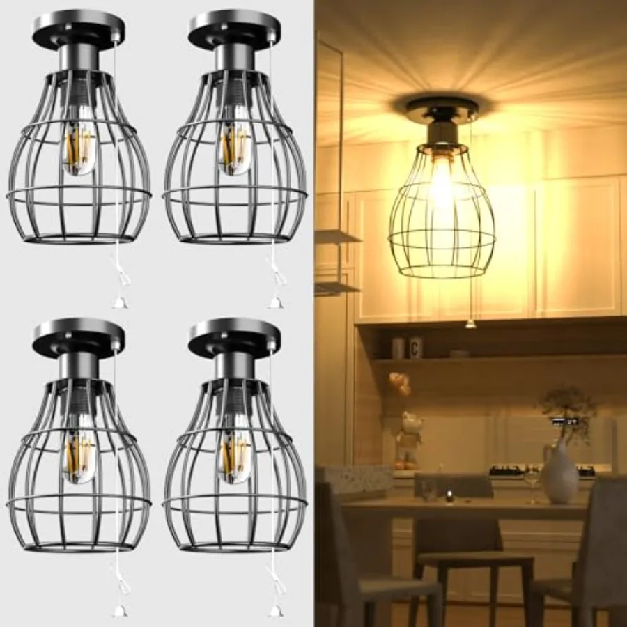 

Farmhouse Flush Mount Ceiling Light with Pull Chain Industrial Ceiling Light Fixture Rustic Black Metal Cage Close to Ceiling L