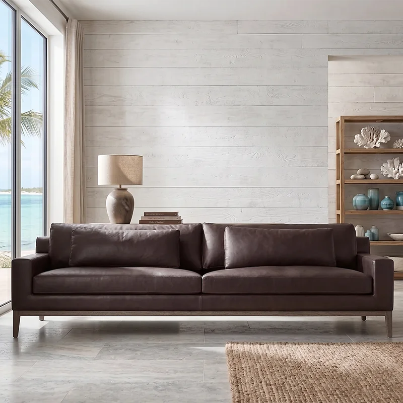 xx-RH ITALIA GENUINE LEATHER CONVERTIBLE SECTIONAL SOFA 3-Seat Track Arm Design Stainless Steel Base Full Grain Brown Leather