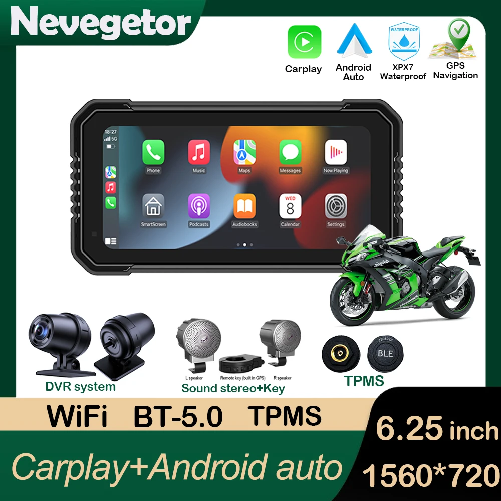 6.25 Inch Motorcycle Navigation Screen Wireless CarPlay Android Auto Motorcycle GPS Motor DVR Monitor AMP TPMS Optional