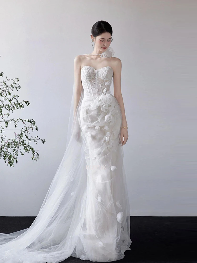 Luksusowe suknie ślubne syreny damskie bez ramiączek z odpinanym trenem suknia balowa elegancka aplikacja sesja zdjęciowa ślubna sukienka szyta na miarę