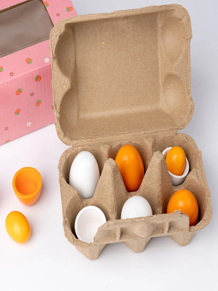 食べ物、卵黄、キッチンの食べ物、子供のおもちゃで遊んでいるふりをする子供用の模擬木製卵おもちゃ6個セット。