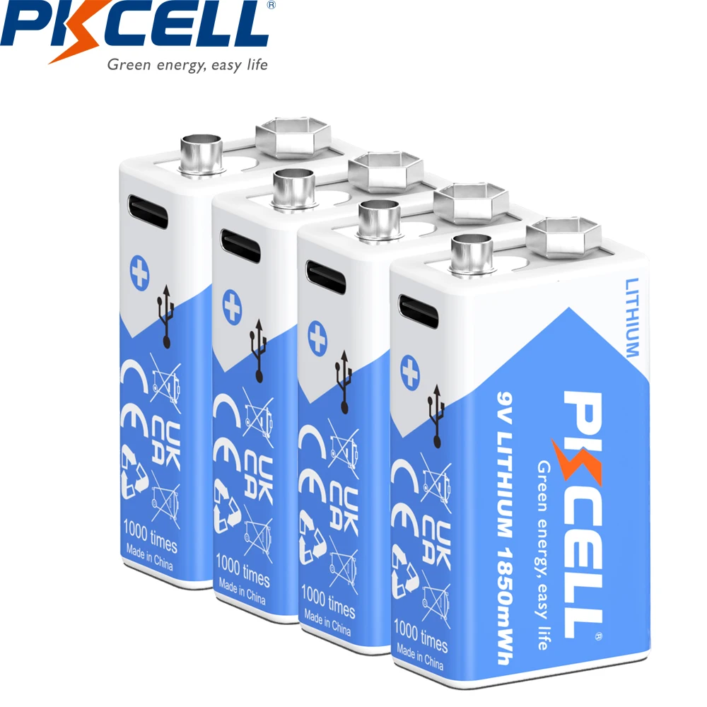 

4 шт. PKCELL 9 В литий-ионная аккумуляторная батарея 1850 МВтч Type-C батарея 9 В USB для мультиметра, микрофона, игрушки, пульта дистанционного управления