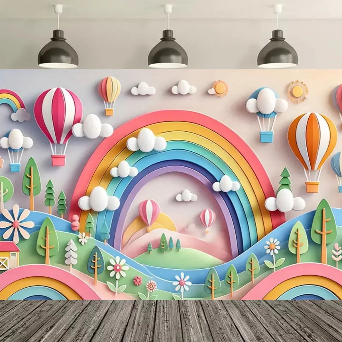 بالونات الهواء الساخن الزاهية وموضوع قوس قزح لديكور الحفلات خلفية قوس قزح الغيوم للأطفال لوازم حفلات أعياد الميلاد لافتة تزيين الحائط