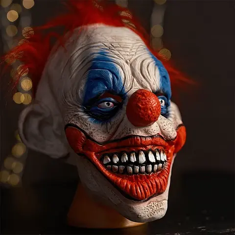 Rolig clownhuvudskydd Halloween skräck klädsel rekvisita leende joker latexmasker nöjespark hemsökt hus prank cosplay mask 10 best sales läskig clownmask - №2