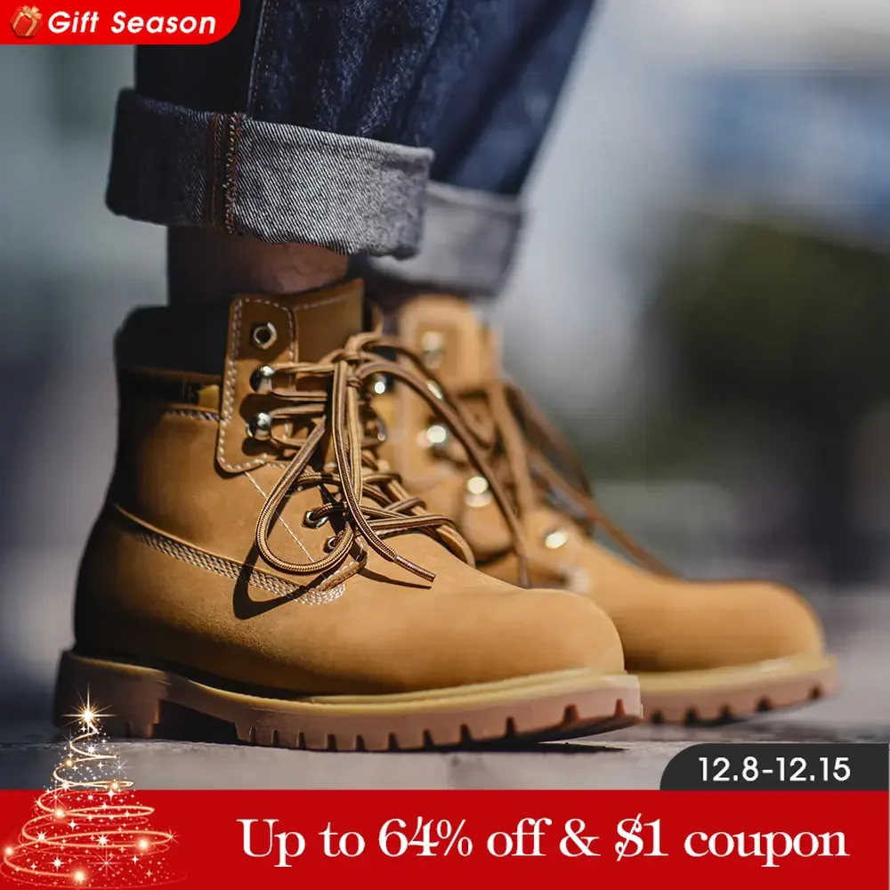 Maden Casual Yellow Boots Mid-Top Boots Outdoor Hiking Vintage Classic Warm Boots Men's Workwear Shoes for Autumn and Winter