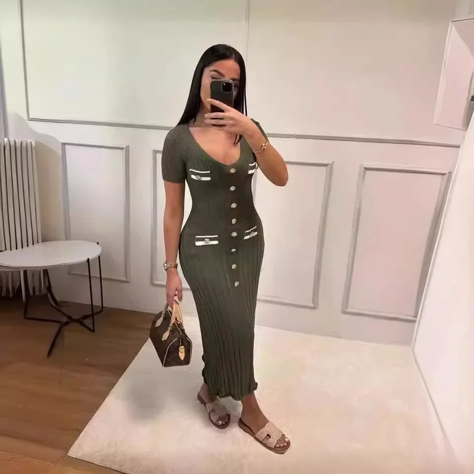 Summer Long Dress Women Sexy Dresses Buttons V Neck Solid Colour Ankle Length Vestidos Slim Fit Temperament A Line 2024 Casual