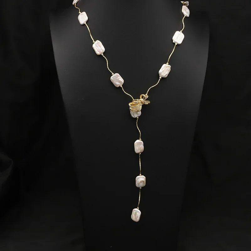

Natural Baroque Freshwater Pearl Flat Long Necklace Vintage Sweater Chain Collar Crystal Bow Pendant Choker for Women Jewelry