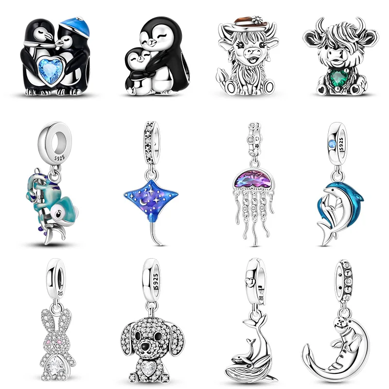 Pingente de prata 925 com pingente de floco de neve, pinguim e gato para mulheres, compatível com pulseira original, joias DIY, presentes.