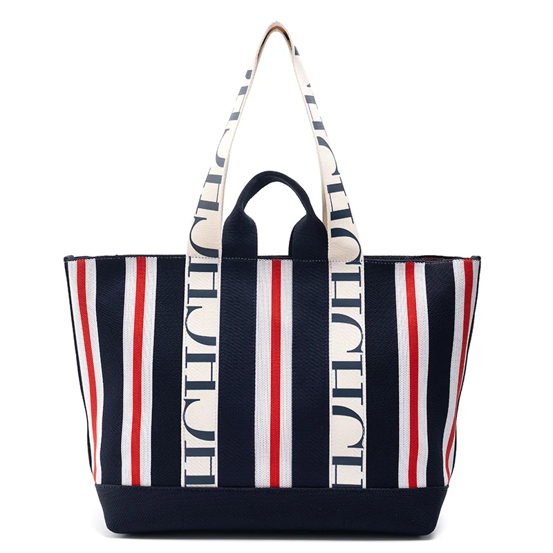 

{618}CH Women's Tote Bag Simple Striped Design Women's Letter Print Large Capacity Commuter Style Classic Women's Shoulder Bag