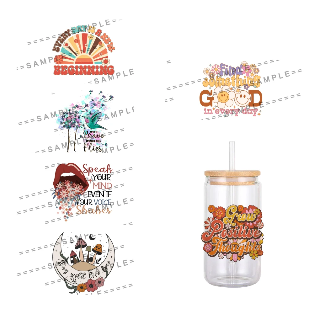 11x12cm Words  Flowers With Saying Pattern UV DTF Waterproof Transfers Decals For 16oz Glass Cup Wrap Stickers