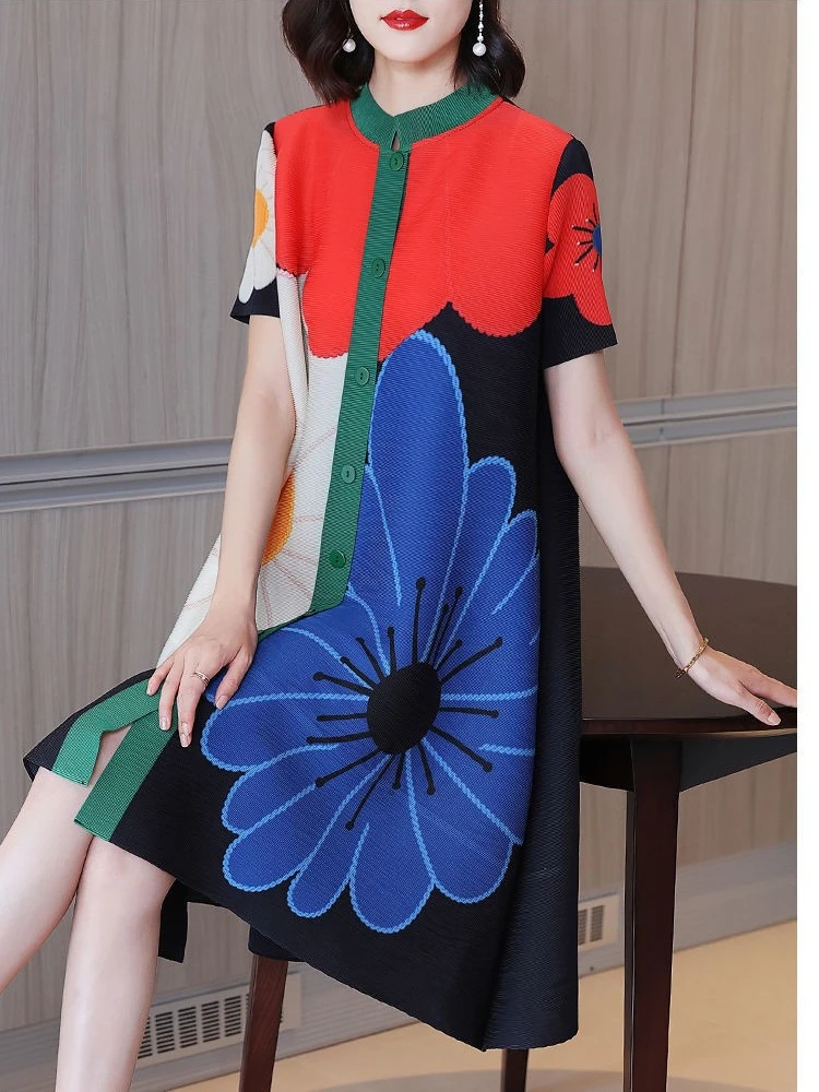 

Европейская модная юбка миди больших размеров, новинка 2025 года, летняя, с воротником-стойкой, на одной пуговице, свободного кроя, скрывающая недостатки фигуры, стройнящая, трендовая