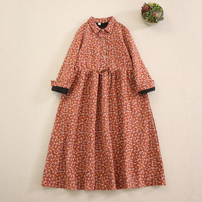 Japanese Sweet Mori Girl Vintage Floral Print Thicken Fleece Dress Women Autumn Winter Turn Down Collar Long Sleeve Casual Dress