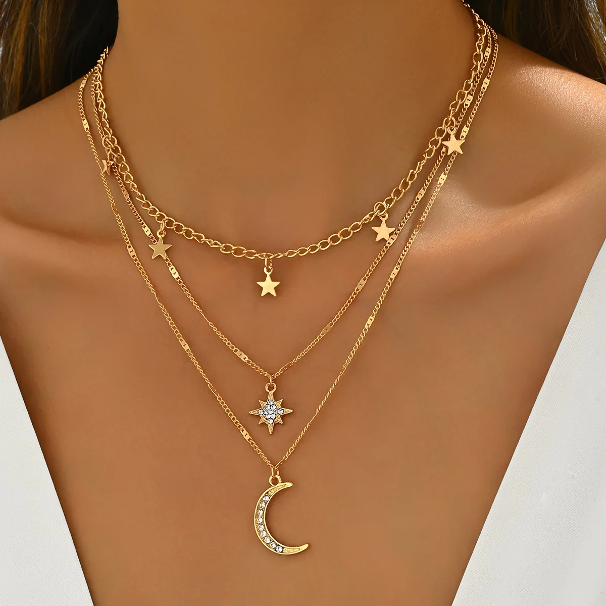 

Exquisite Multi-Layer Rhinestone Necklace with Star and Moon Motif for Women