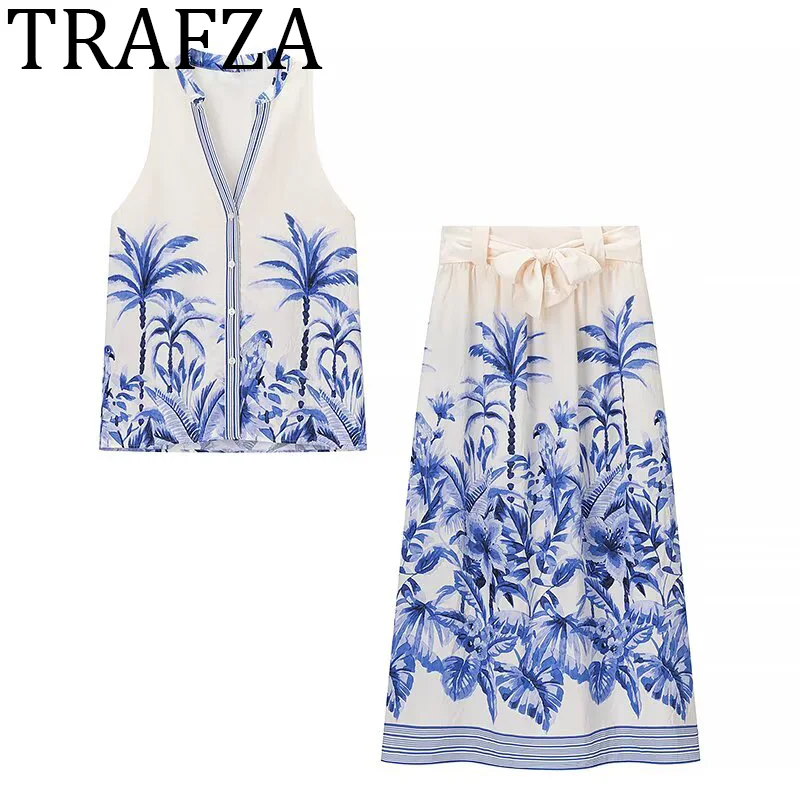

TRAFZA New 2025 Women V-Neck Sleeveless Blouse+Tropical Print Midi Skirt Two Pieces Set Elegant Summer Women's Suit Dress Outfit