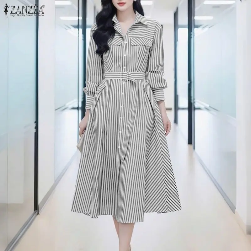 ZANZEA 2026 Frühling Gestreiften Kleid Frauen Elegante Revers Hals Langarm Hemd Kleid Stilvolle Büro Arbeit Midi Kleider Gürtel Robe