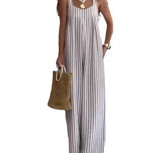 Women's Casual Stripe Jumpsuit Summer Spaghetti Strap Sleeveless Loose Wide Legs Jumpsuits New Femlae Bodysuits Rompers 