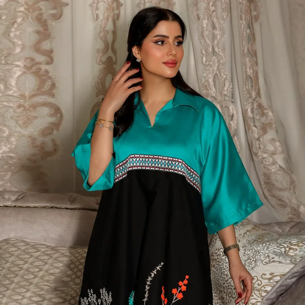 

Dubai Arab Muslim Luxury Fashion Printed Ethnic Ribbon Long Dress Contrast Middle Eastern Islamic Ramadan Robe Dress