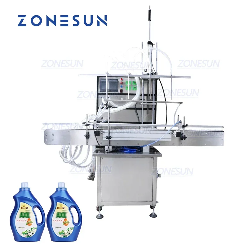 ZONESUN 40L แนวตั้งอัตโนมัตินมถั่วเหลืองซักรีดผงซักฟอกของเหลวขวดน้ํามันปรุงอาหาร 4 หัวเครื่องบรรจุ