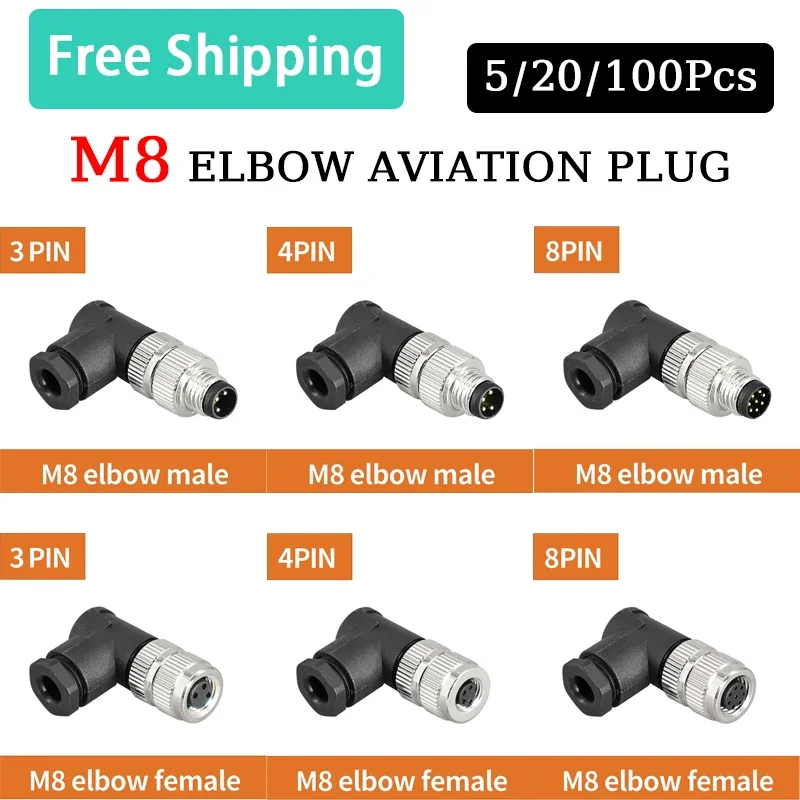 

5/20/100PCS M8 3PIN 4PIN 8PIN ELBOW Aviation Connector Male&Female Screw Connection Waterproof Plug&Socket Sensor Cable Conector