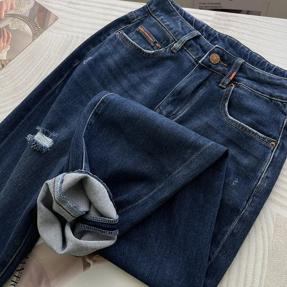 Calça Jeans Cintura Alta com Rasgos para Corpo em Formato de Pêra, Versátil, Longa, em Aodão, com Bolsos e Zíper, para o Ou...