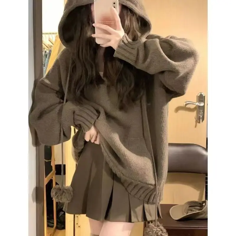 Women Autumn Winter Vintage Hooded Sweater Pullovers White Vest Mini Pleated Skirts Set Lady Casual Pompom Knit Top Skirt Outfit