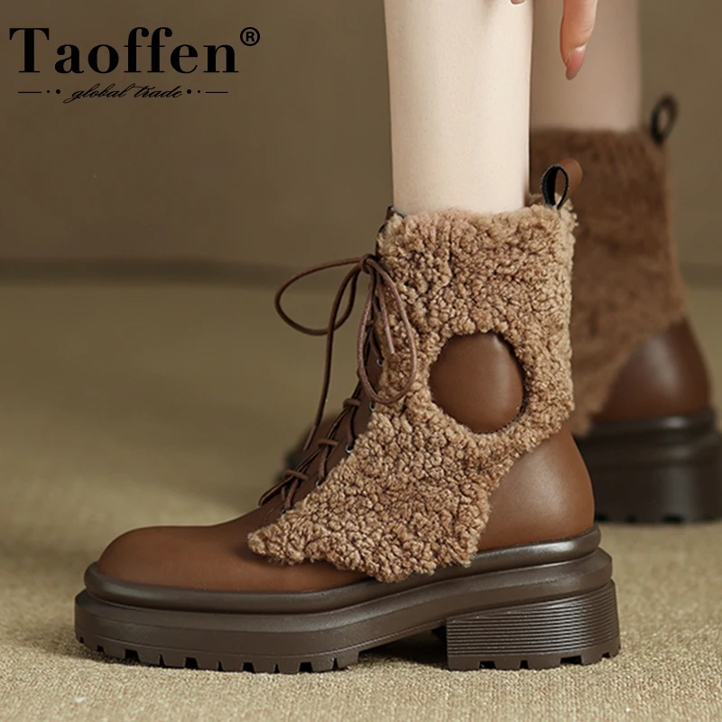 

Taoffen New Women Short Boots 2023 Real Leather Chunky Winter Ladies Shoes Fashion Plush Ankle Boots Female Footwear Size 34-39