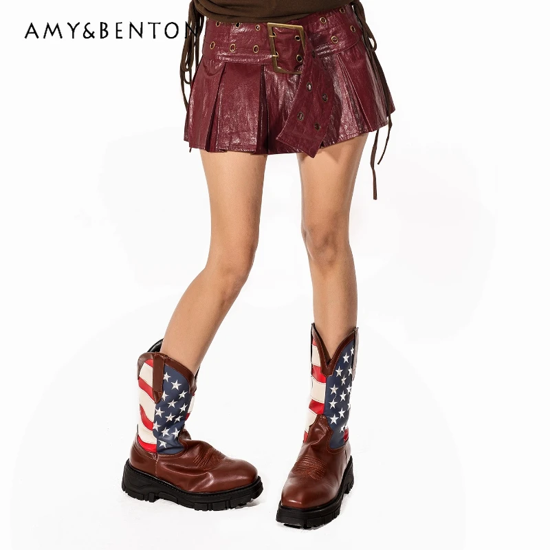 

Gothic Burgundy Rock Women's A-Line Skirt Autumn Winter Retro Design Punk Hot Girl Y2K Versatile Pleated Leather Skirts Ladies