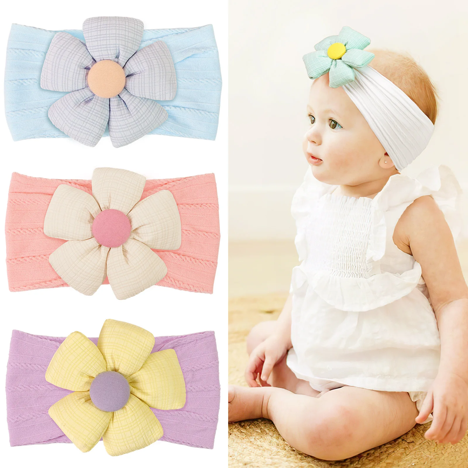 

Nylon Flower Headband for Newborn Cable Print Soft Turban Baby Girls Hair Accessories Flower Chidren Headwrap Infant Hairband