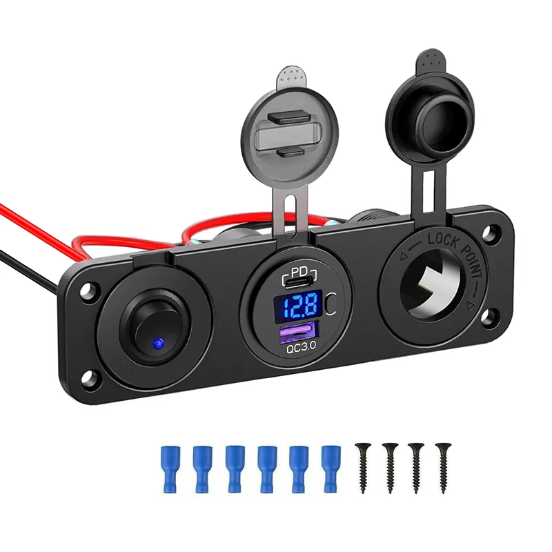 Cigarette Lighter Socket 12V Splitter with Toggle Switch PD USB C QC3.0 Car USB Charger Socket Splitter Panel with LED Voltmeter