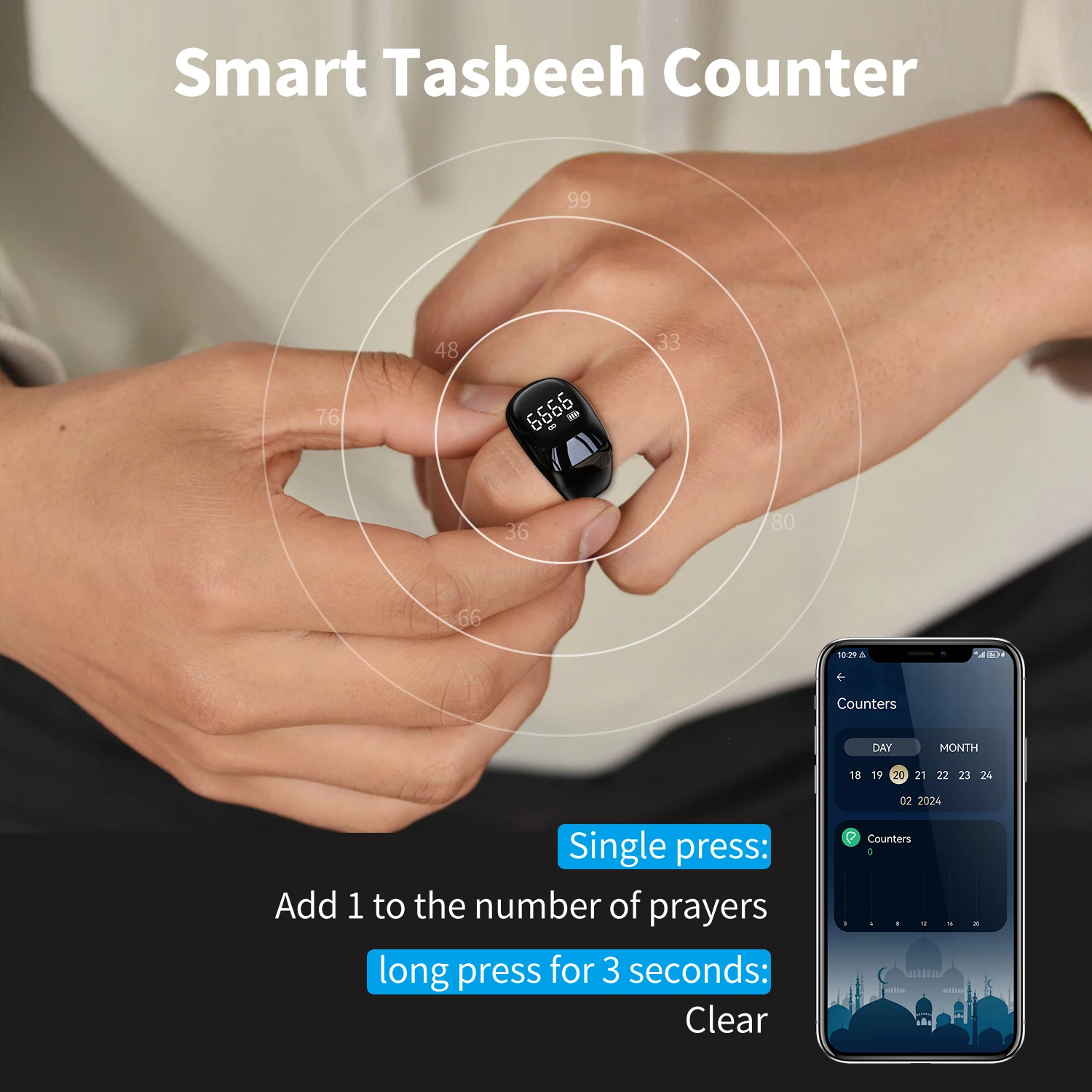 iQibla Zikr1 lite Smart Tasbih Tally Counter Ring for Muslims Zikr Digital Tasbeeh 5 Prayer Time Reminder Bluetooth Waterproof