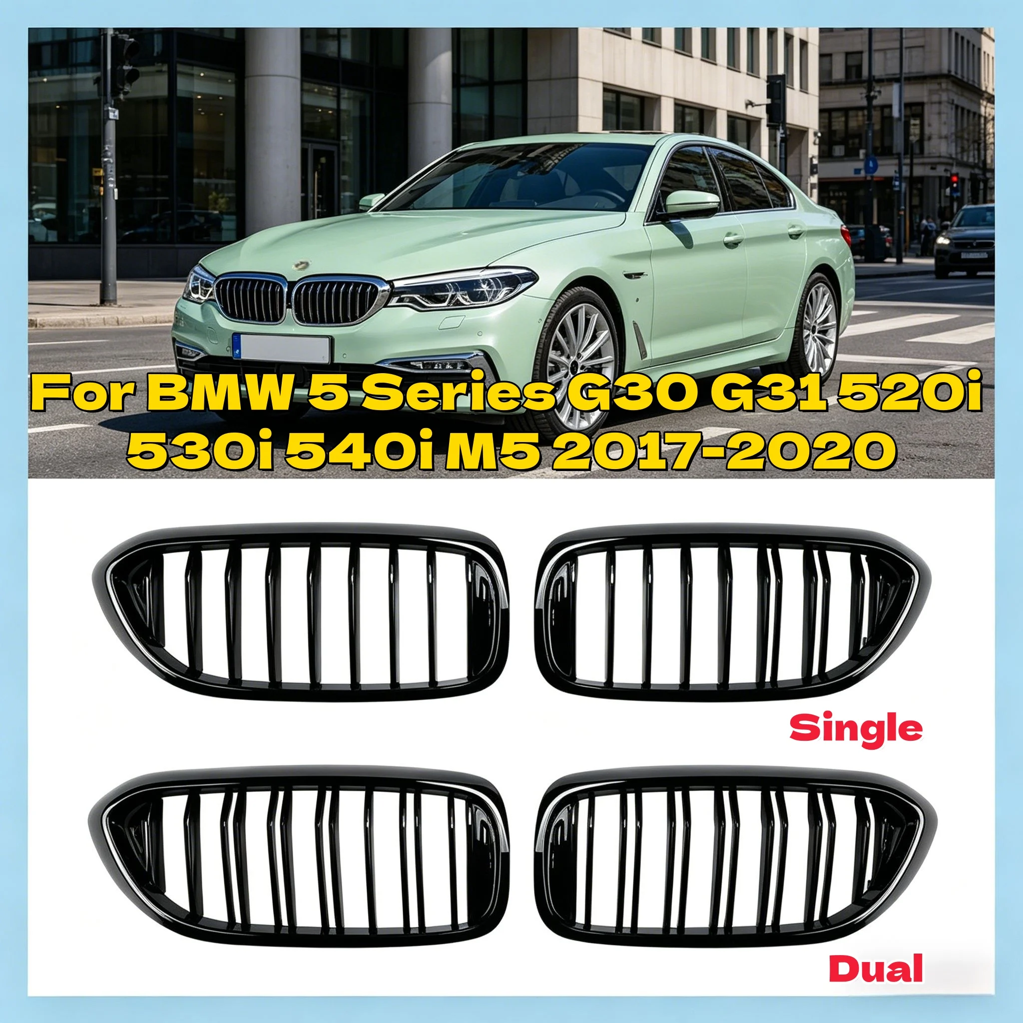 

For BMW 5 Series G30 G31 520i 530i 540i M5 2017-2020 Car Front Bumper Kidney Grille Single/Dual Glossy Black Racing Grill