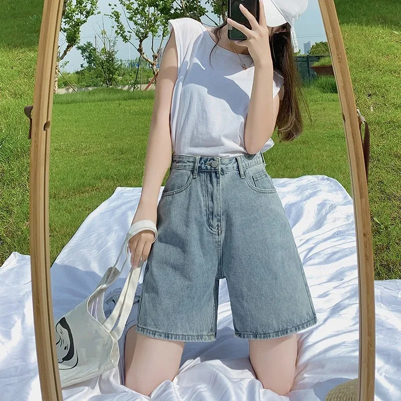 Damskie luźne jeansy Harajuku Street z krótkim dołem, letnia moda, nowe uniwersalne szorty z wysokim stanem do kolan, szerokie jeansy Y2K Retro