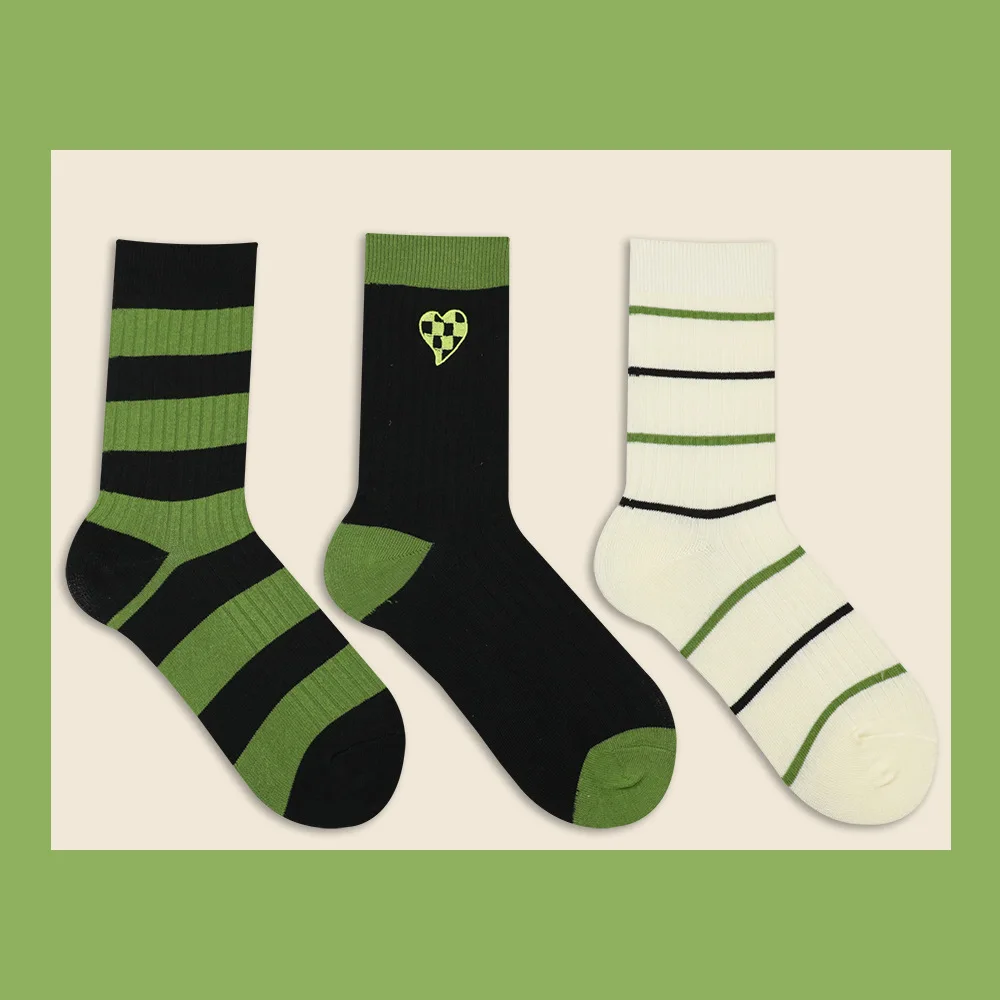 

Socks Women Cotton Green Love Embroidery Stripe Socks For Girl Gift Korean Street Fashion Harajuku Kawaii Cute Checkered Soks