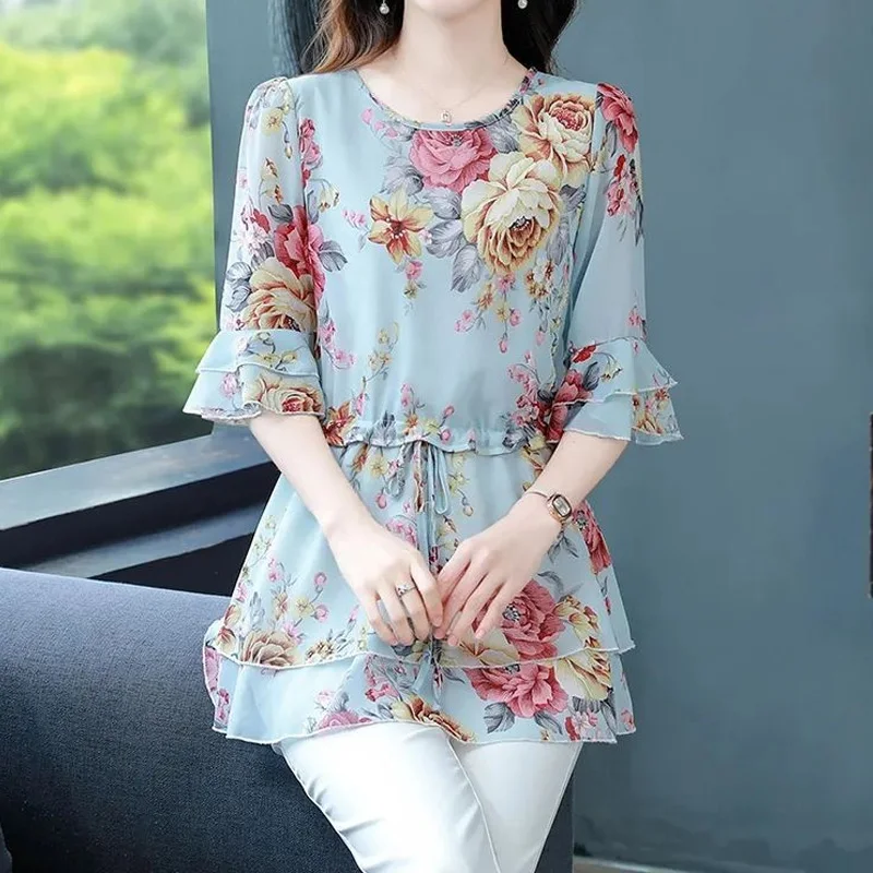 Temperament Irregular Blouse Summer New Thin Half Sleeve Printing Drawstring Loose Shirt Tops Elegant Vintage Women Clothing