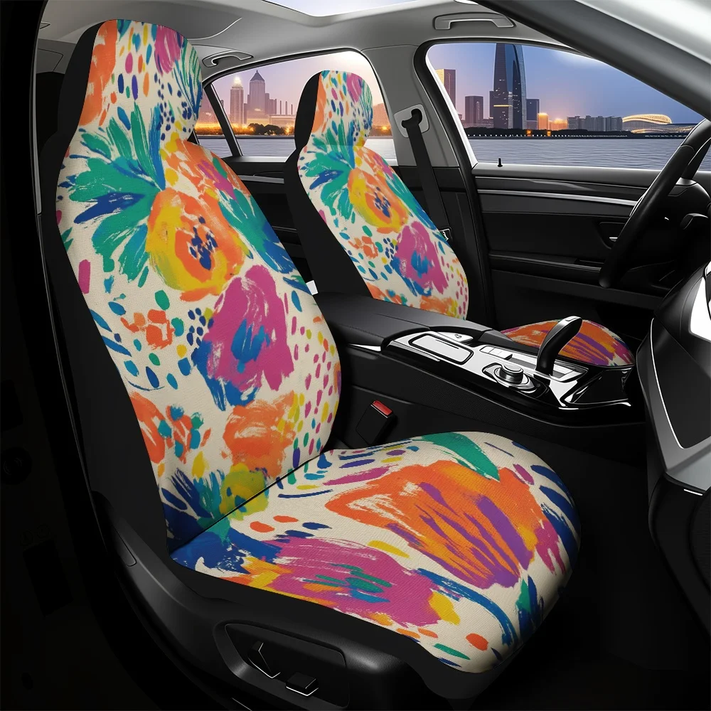 2pcs, Unique Floral Abstract Colorful Painting Style Pattern Car Seat Covers, Comfortable And Washable, Suitable For Cars, SUVs,