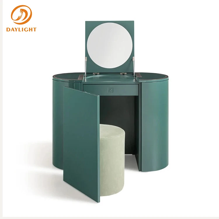 Dressing Table Modern Green Vanity Set with Foldable Mirror Storage Cabinets and Stool for Bedroom Decor