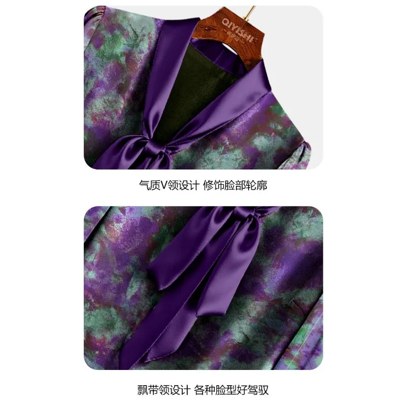 Elegantes Pendler-Temperament-Top mit violetter Taille, 2025, neues Herbst-Batik-Satin-Spitze-Kontrast-Hemd mit V-Ausschnitt