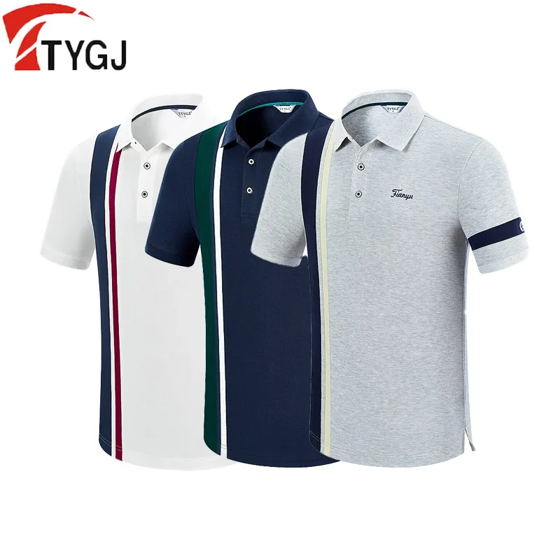 

TTYGJ Men Striped Golf Polo Shirts Male Anti-sweat Quick Dry Golf Tops Summer Breathable Casual Sports T-shirts Business