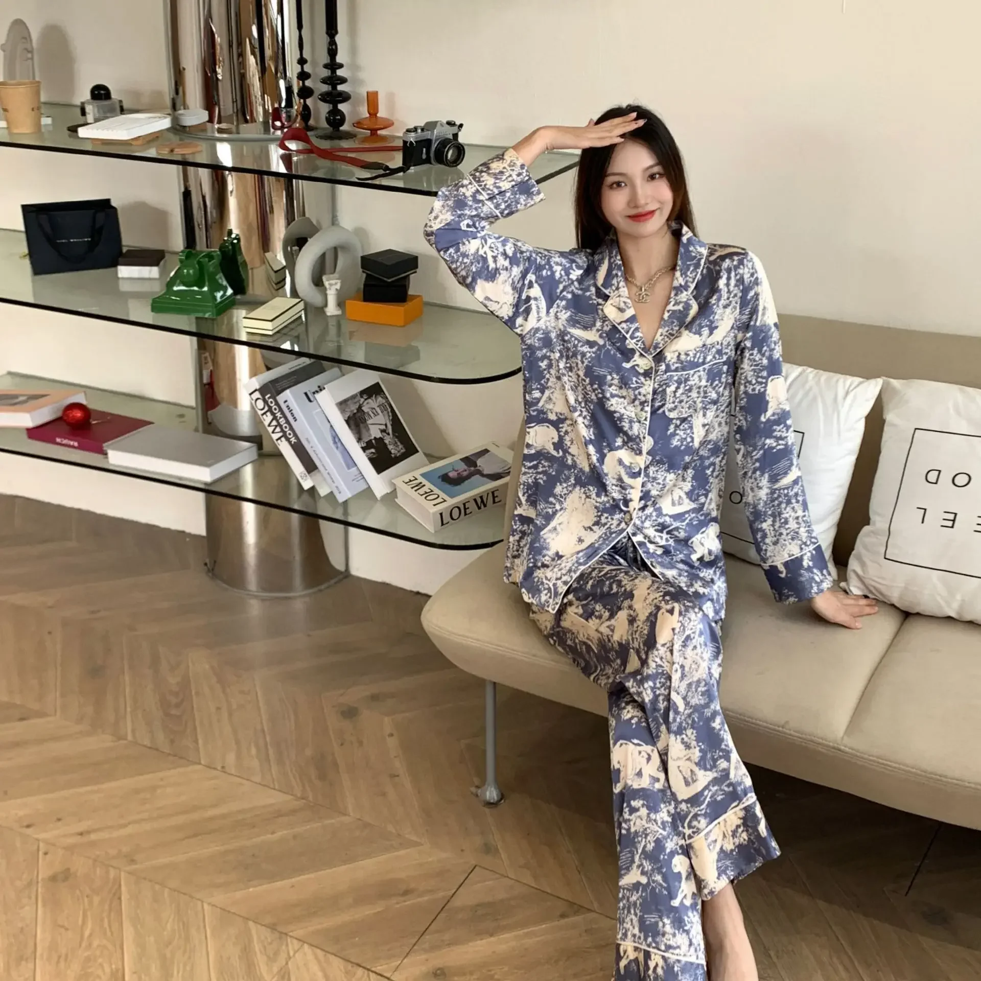 2024 Womens Cardigan Comfortable Pajama Set High-grade Ice Silk Satin Loose Thin Home Clothes Blue Tiger Print Pajamas for Women